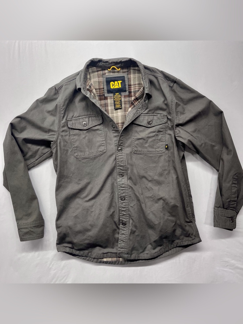 CAT Caterpillar Men’s S Gray Work Jacket Plaid Lined Snap Front Utility